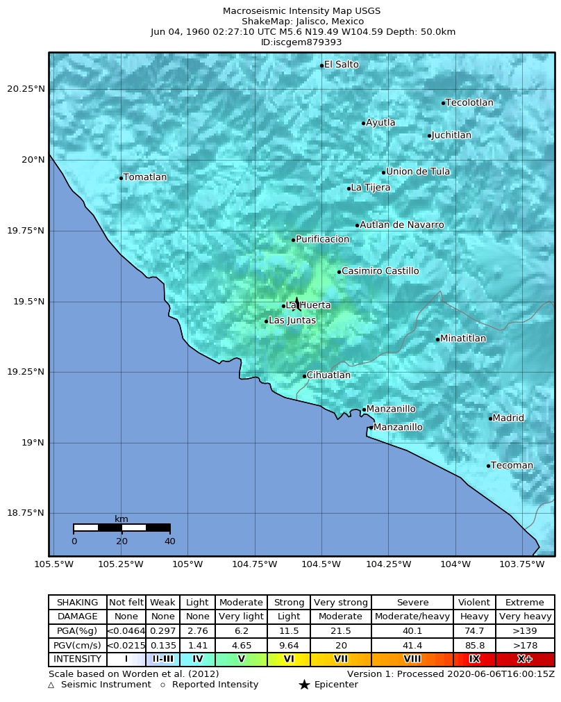 USGS ShakeMap: estimated shaking intensity around the epicenter