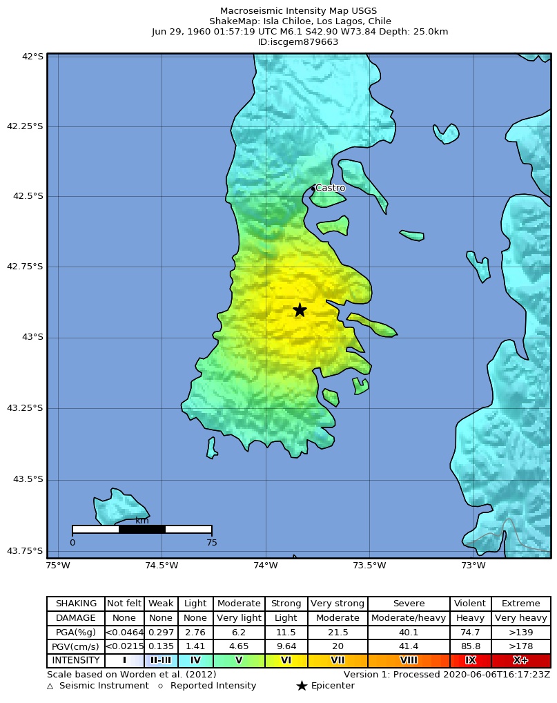 USGS ShakeMap: estimated shaking intensity around the epicenter