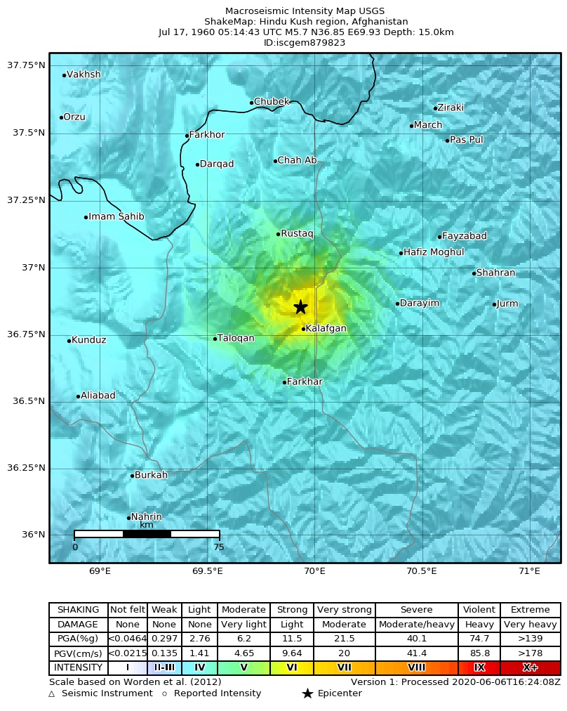 USGS ShakeMap: estimated shaking intensity around the epicenter