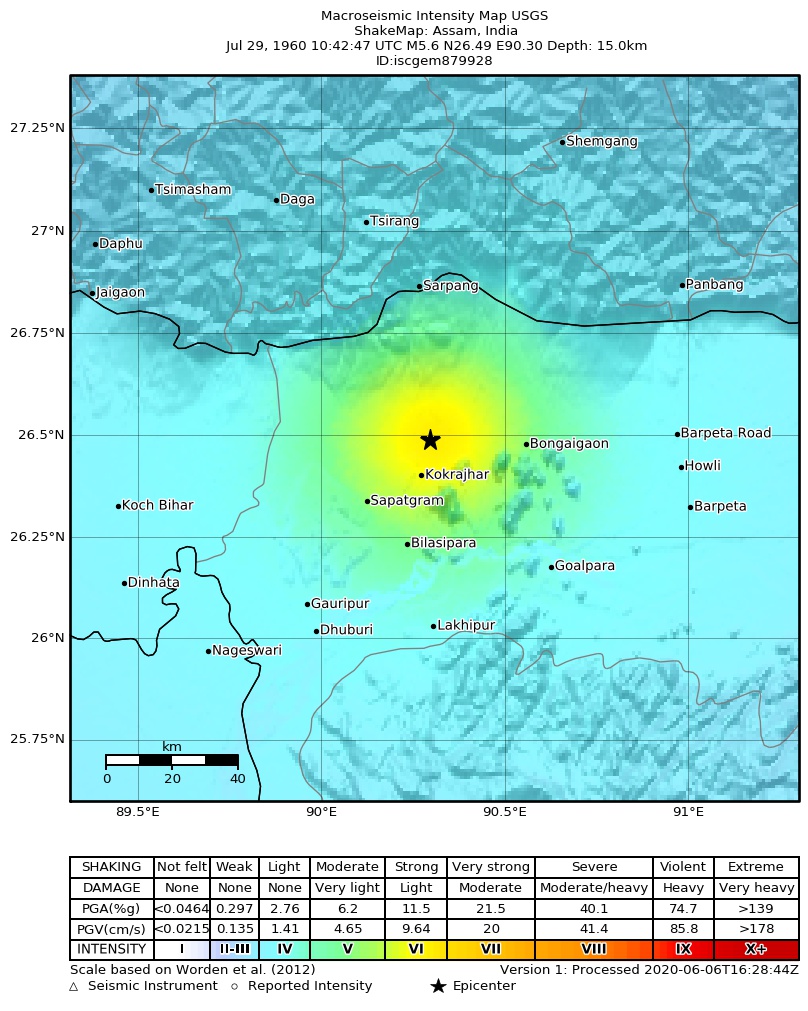 USGS ShakeMap: estimated shaking intensity around the epicenter