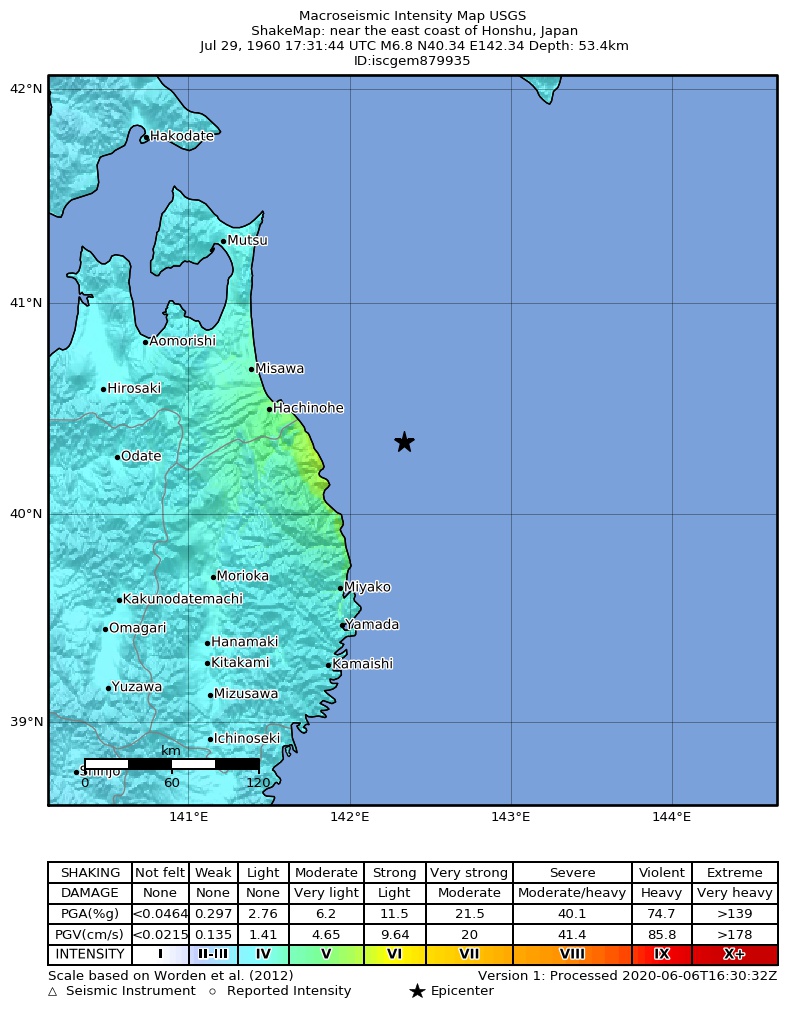 USGS ShakeMap: estimated shaking intensity around the epicenter