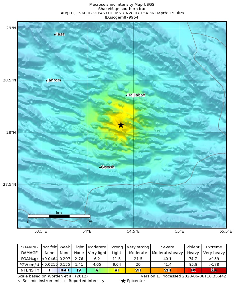 USGS ShakeMap: estimated shaking intensity around the epicenter