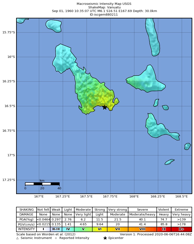 USGS ShakeMap: estimated shaking intensity around the epicenter