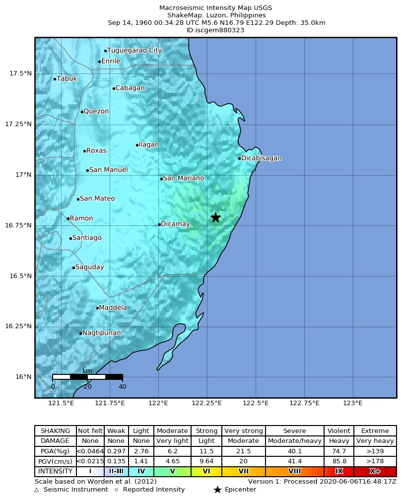 USGS ShakeMap: estimated shaking intensity around the epicenter