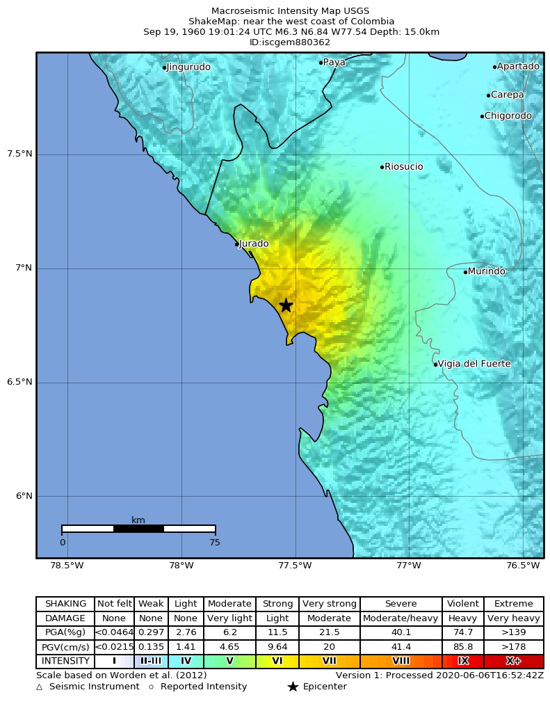 USGS ShakeMap: estimated shaking intensity around the epicenter