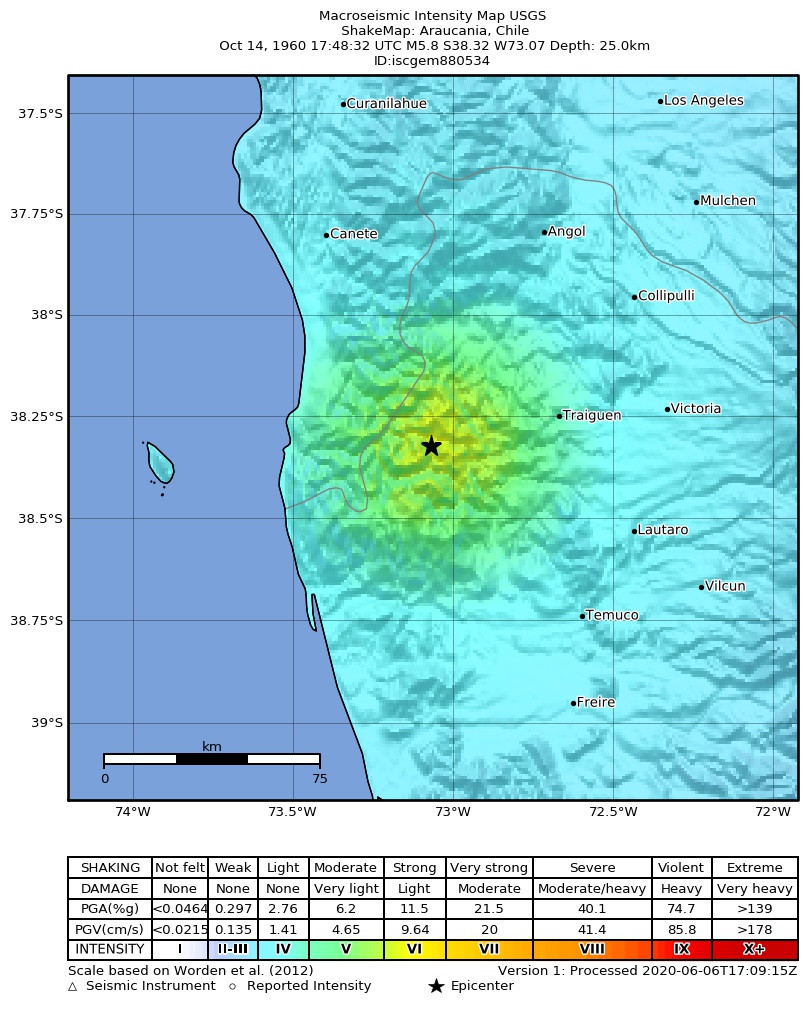 USGS ShakeMap: estimated shaking intensity around the epicenter
