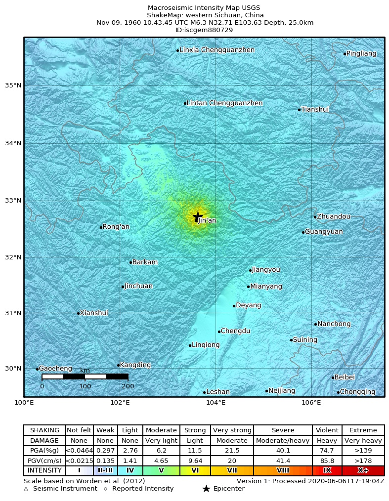 USGS ShakeMap: estimated shaking intensity around the epicenter