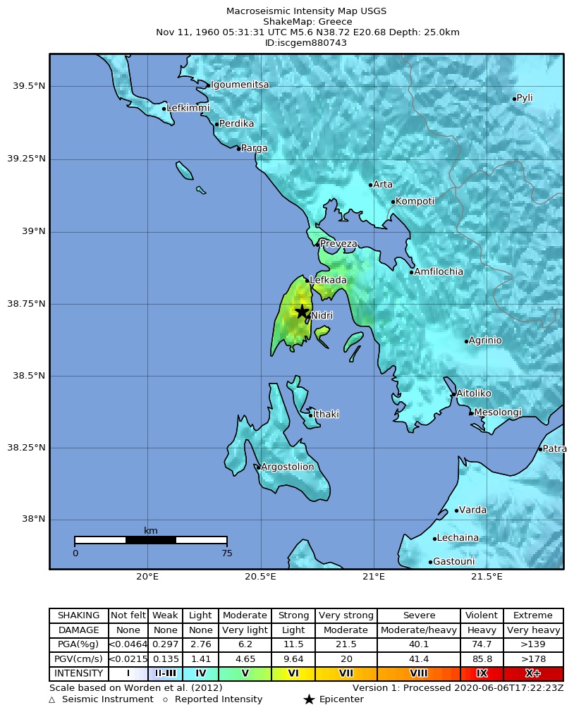 USGS ShakeMap: estimated shaking intensity around the epicenter