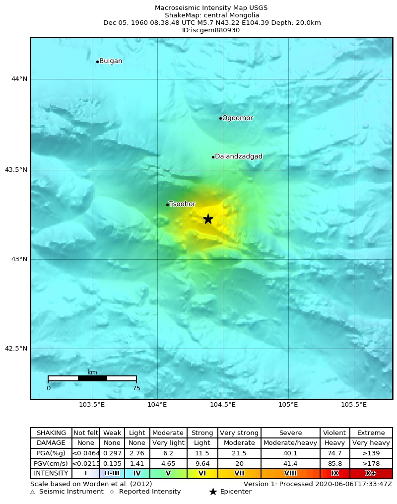 USGS ShakeMap: estimated shaking intensity around the epicenter
