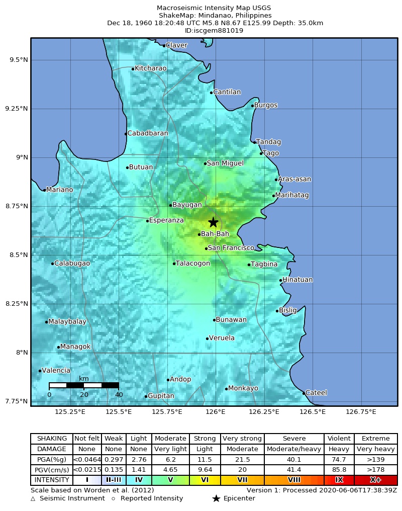 USGS ShakeMap: estimated shaking intensity around the epicenter
