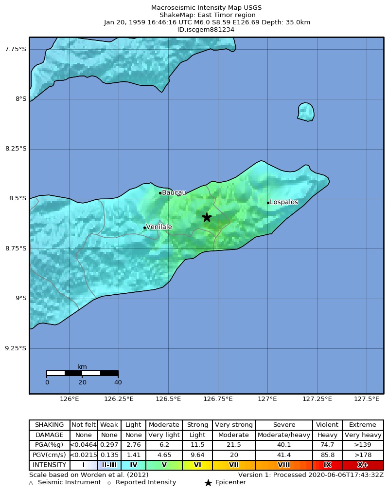 USGS ShakeMap: estimated shaking intensity around the epicenter