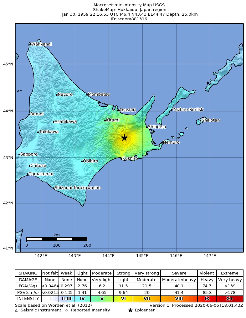 USGS ShakeMap: estimated shaking intensity around the epicenter