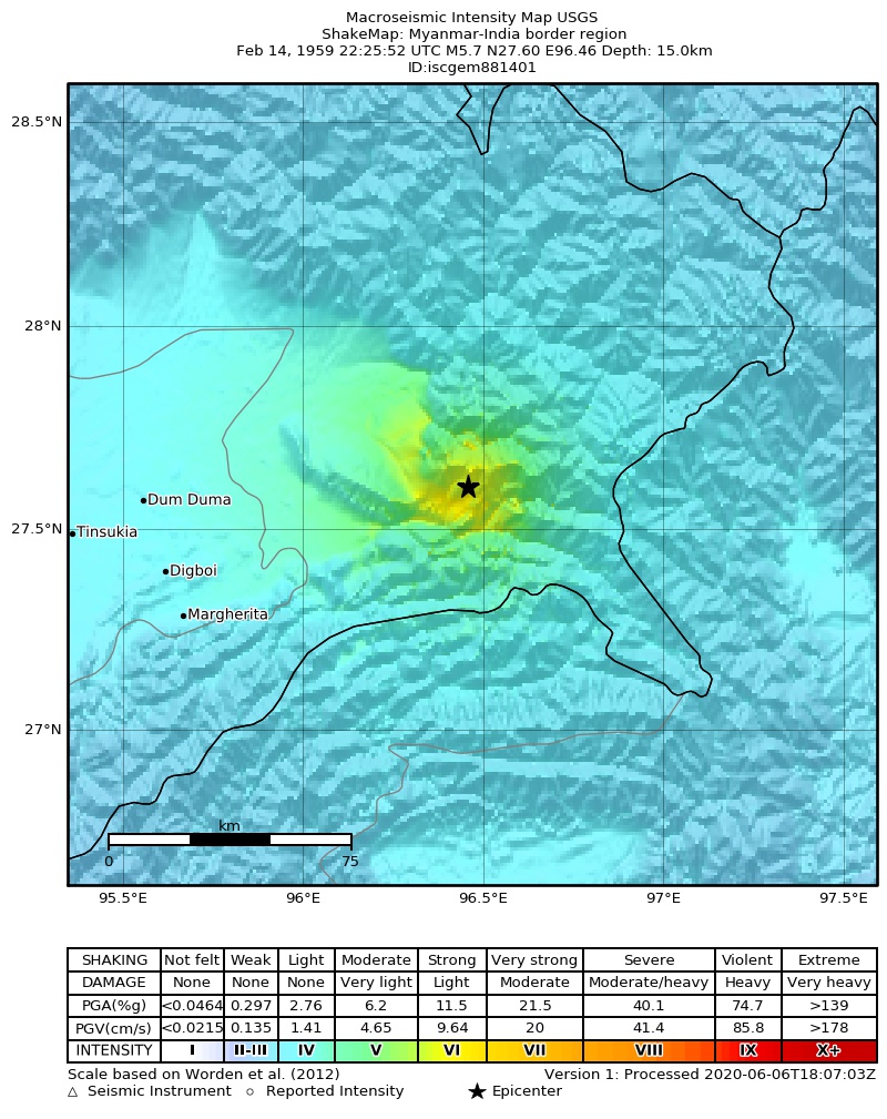 USGS ShakeMap: estimated shaking intensity around the epicenter