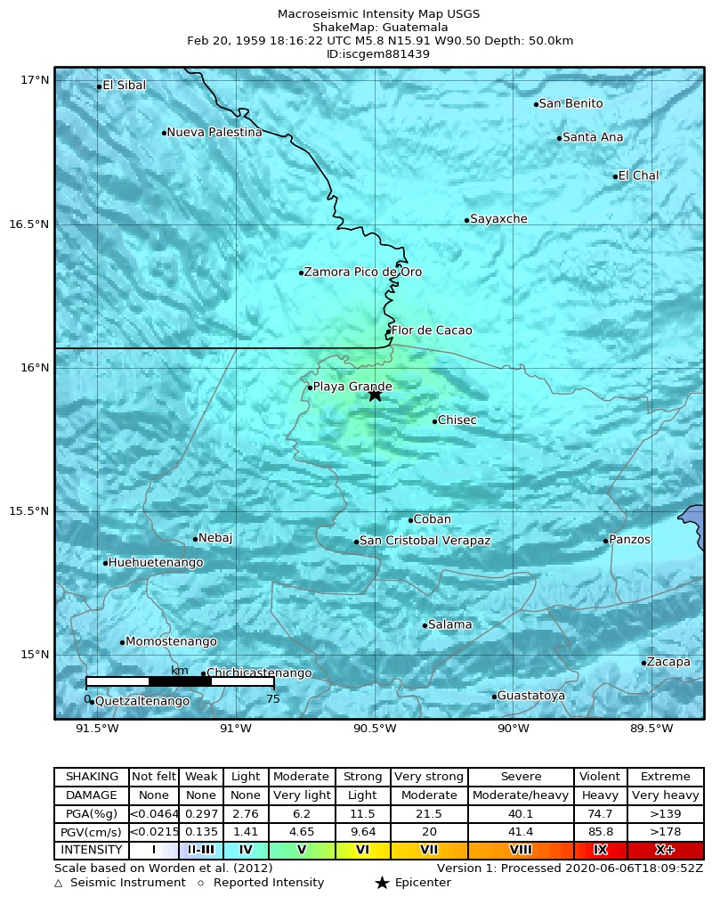 USGS ShakeMap: estimated shaking intensity around the epicenter