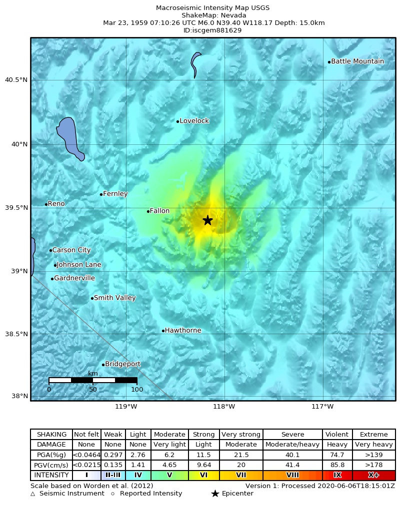 USGS ShakeMap: estimated shaking intensity around the epicenter