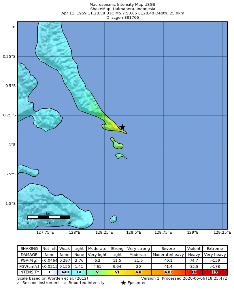 USGS ShakeMap: estimated shaking intensity around the epicenter