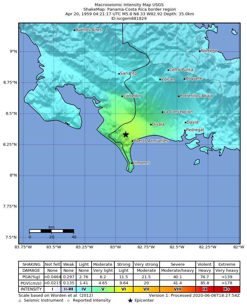 USGS ShakeMap: estimated shaking intensity around the epicenter