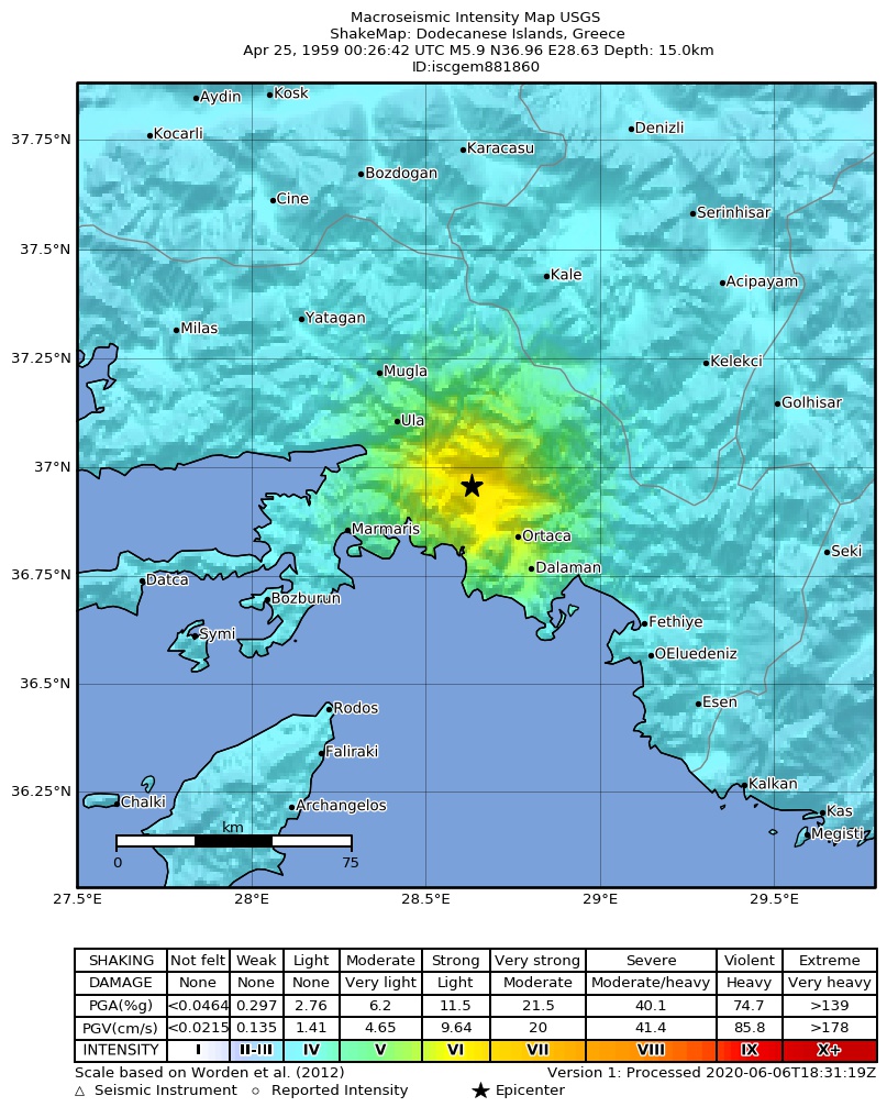 USGS ShakeMap: estimated shaking intensity around the epicenter