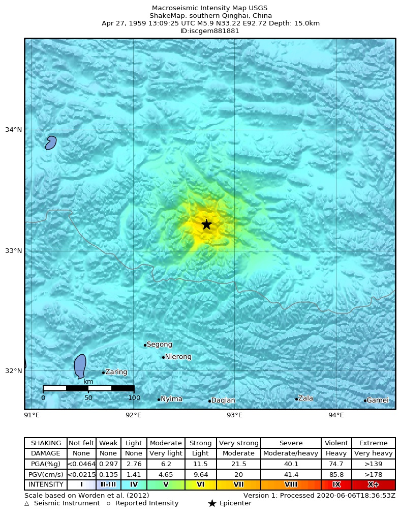 USGS ShakeMap: estimated shaking intensity around the epicenter