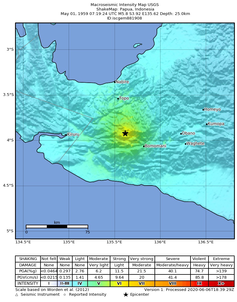 USGS ShakeMap: estimated shaking intensity around the epicenter