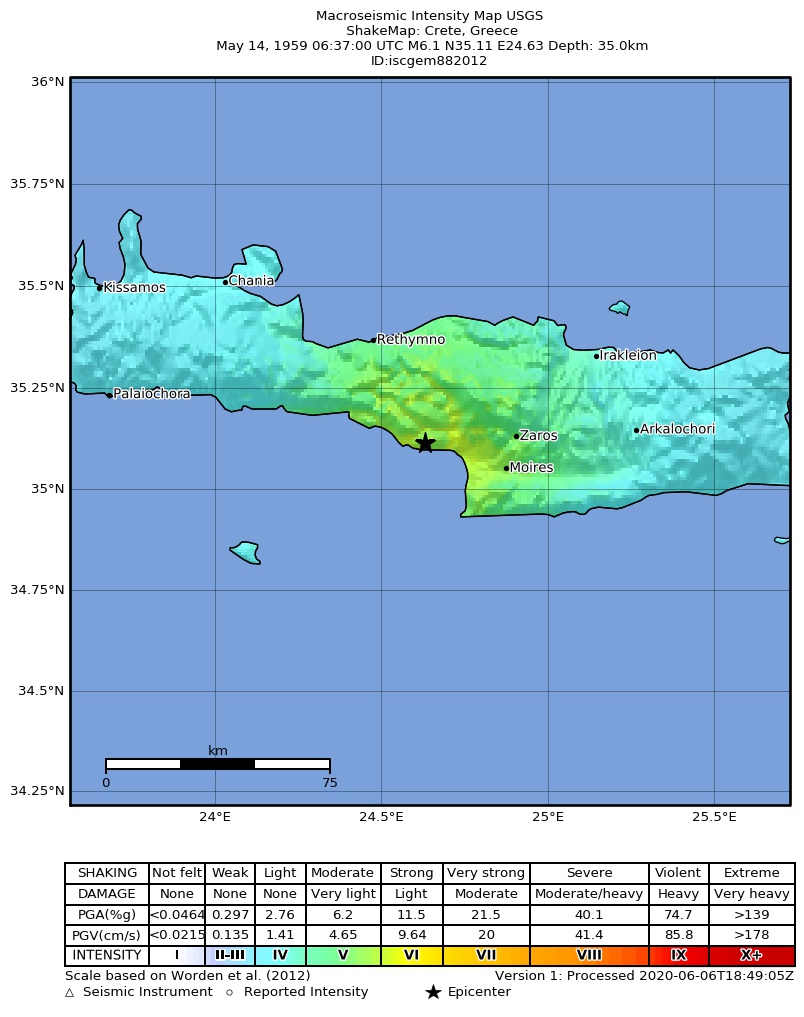 USGS ShakeMap: estimated shaking intensity around the epicenter