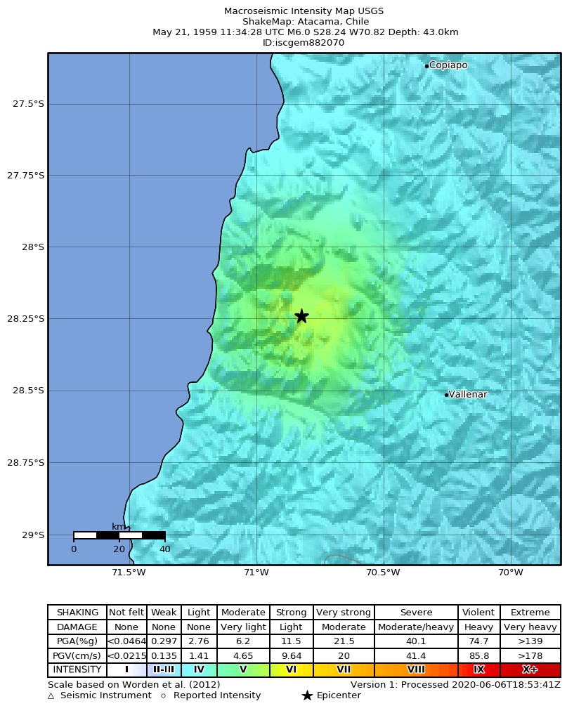USGS ShakeMap: estimated shaking intensity around the epicenter