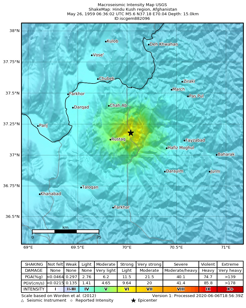 USGS ShakeMap: estimated shaking intensity around the epicenter