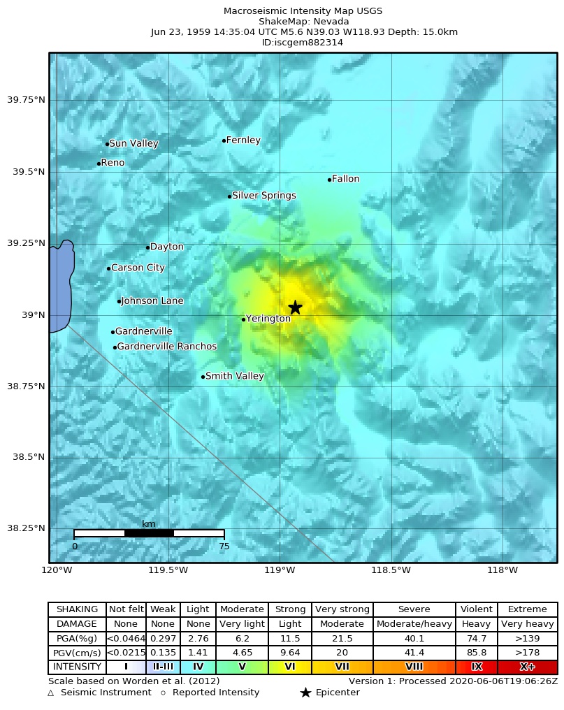 USGS ShakeMap: estimated shaking intensity around the epicenter