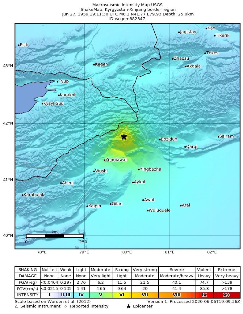 USGS ShakeMap: estimated shaking intensity around the epicenter