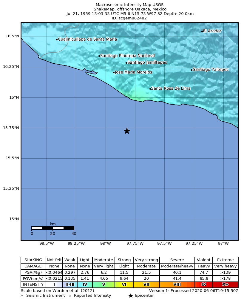 USGS ShakeMap: estimated shaking intensity around the epicenter