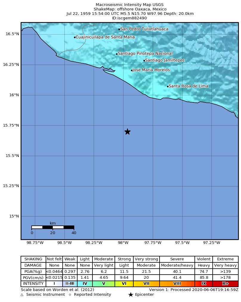USGS ShakeMap: estimated shaking intensity around the epicenter