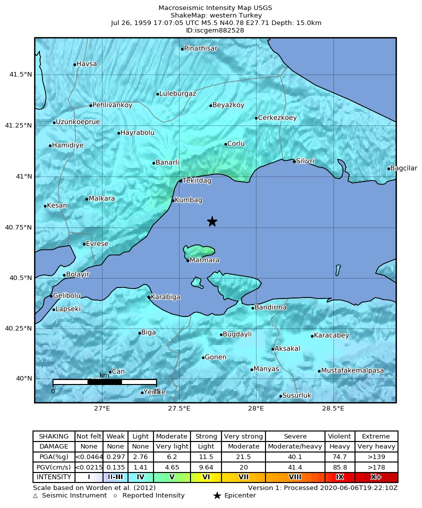 USGS ShakeMap: estimated shaking intensity around the epicenter
