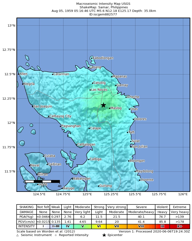 USGS ShakeMap: estimated shaking intensity around the epicenter