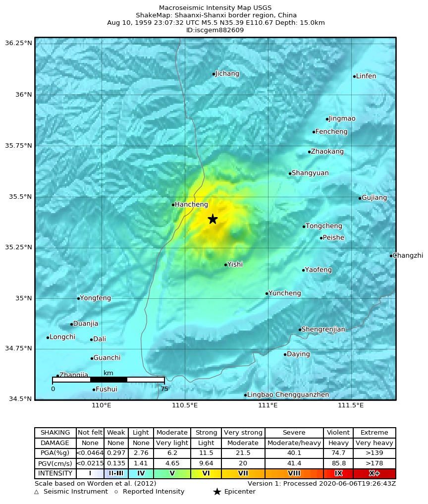USGS ShakeMap: estimated shaking intensity around the epicenter
