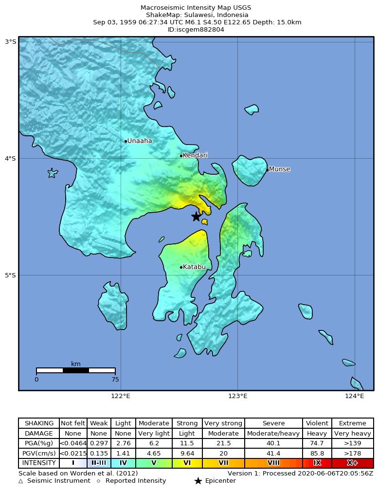 USGS ShakeMap: estimated shaking intensity around the epicenter