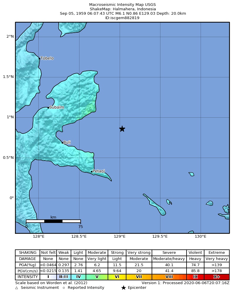USGS ShakeMap: estimated shaking intensity around the epicenter