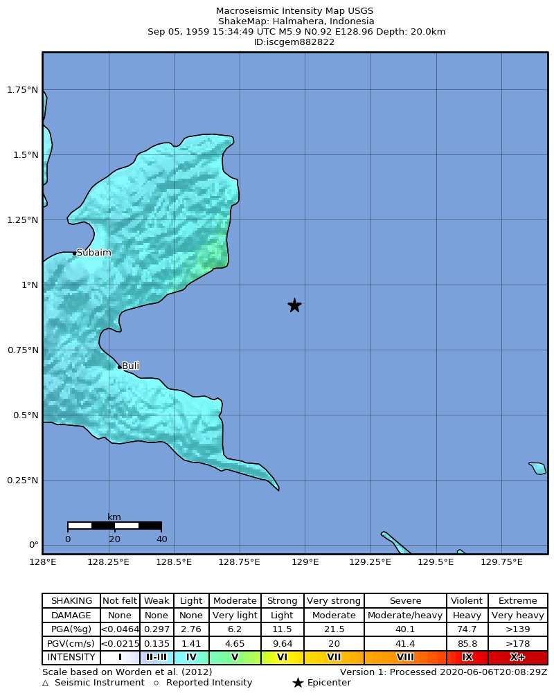 USGS ShakeMap: estimated shaking intensity around the epicenter