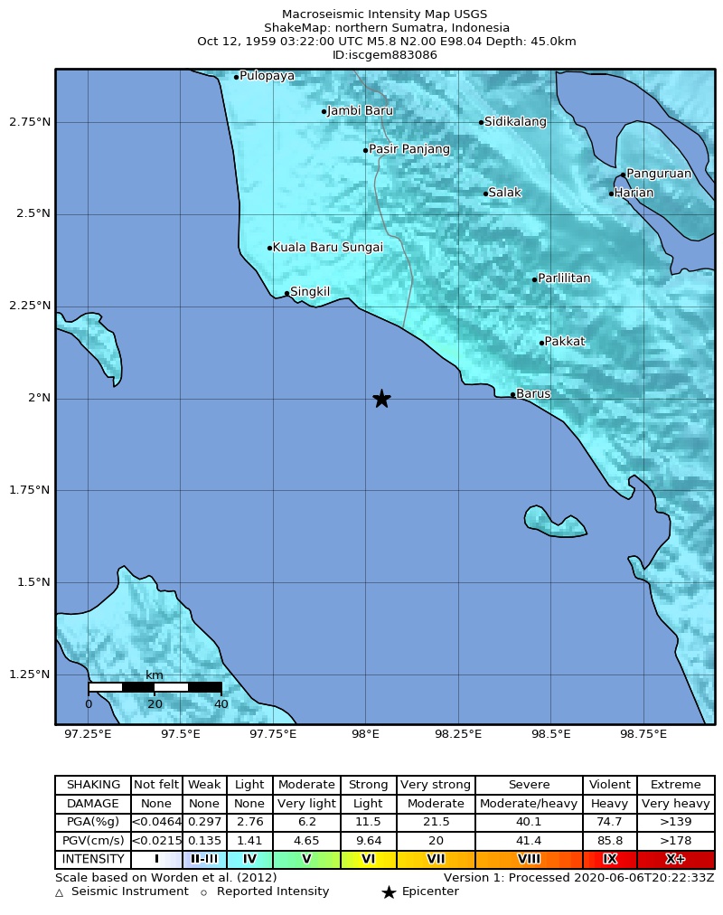USGS ShakeMap: estimated shaking intensity around the epicenter