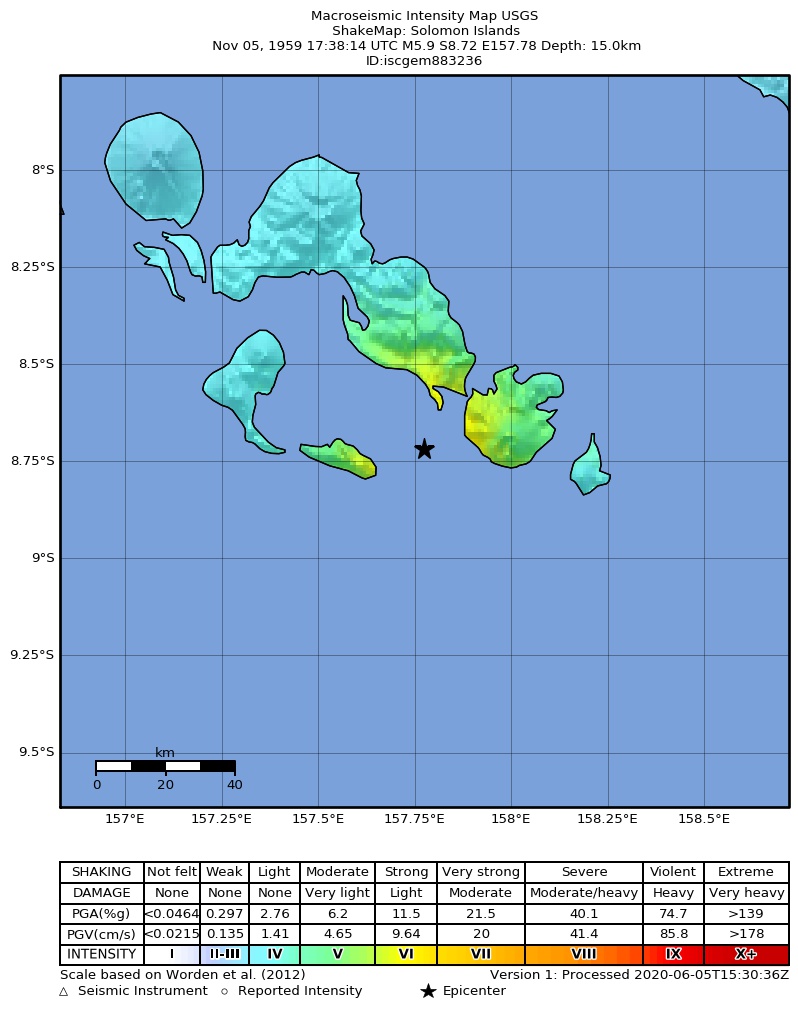 USGS ShakeMap: estimated shaking intensity around the epicenter