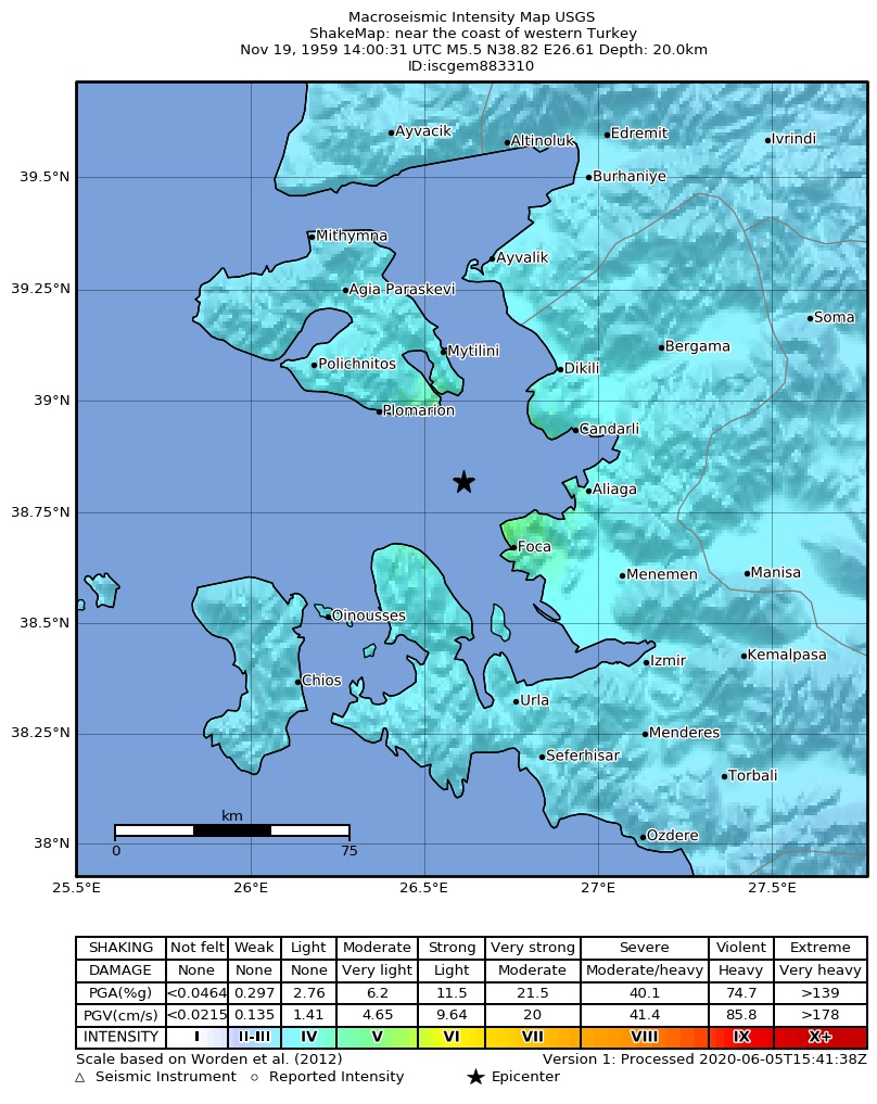 USGS ShakeMap: estimated shaking intensity around the epicenter