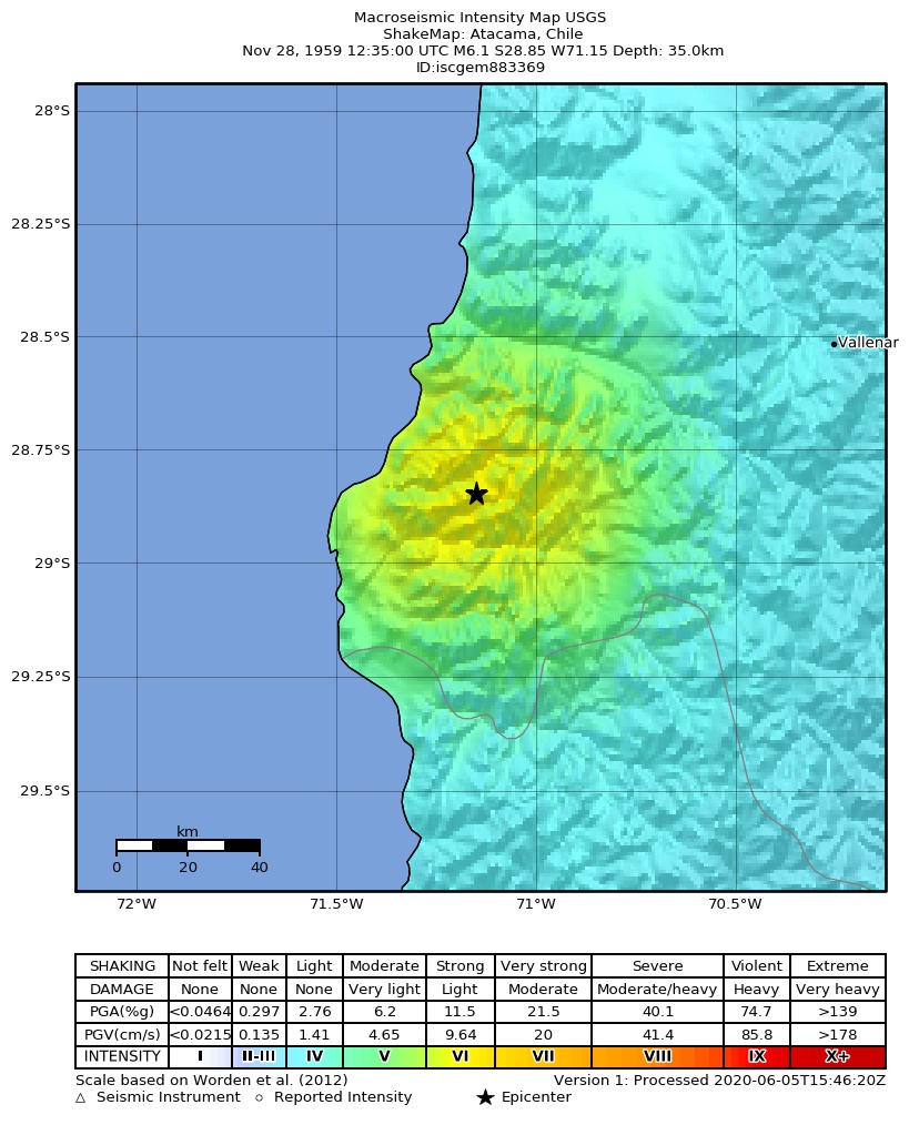 USGS ShakeMap: estimated shaking intensity around the epicenter