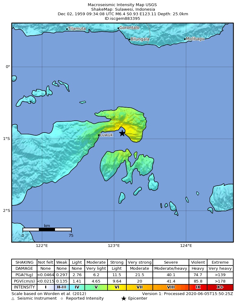 USGS ShakeMap: estimated shaking intensity around the epicenter