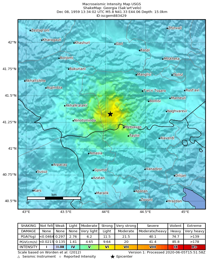 USGS ShakeMap: estimated shaking intensity around the epicenter