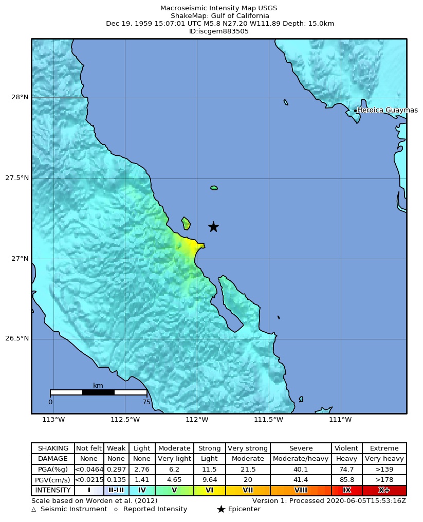USGS ShakeMap: estimated shaking intensity around the epicenter