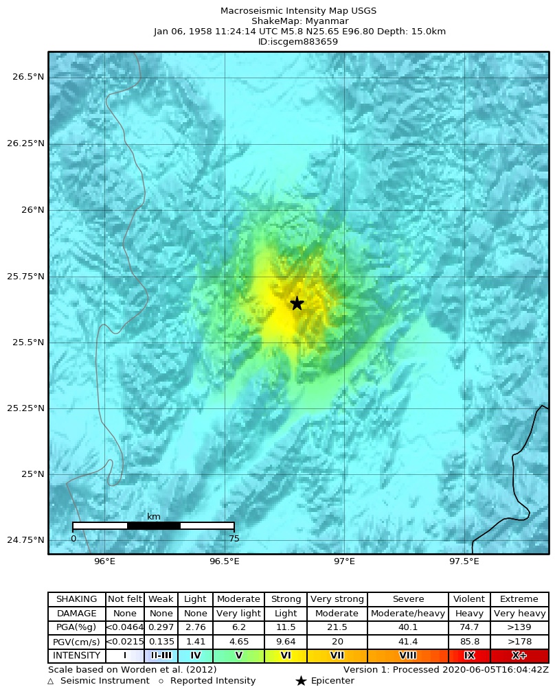 USGS ShakeMap: estimated shaking intensity around the epicenter