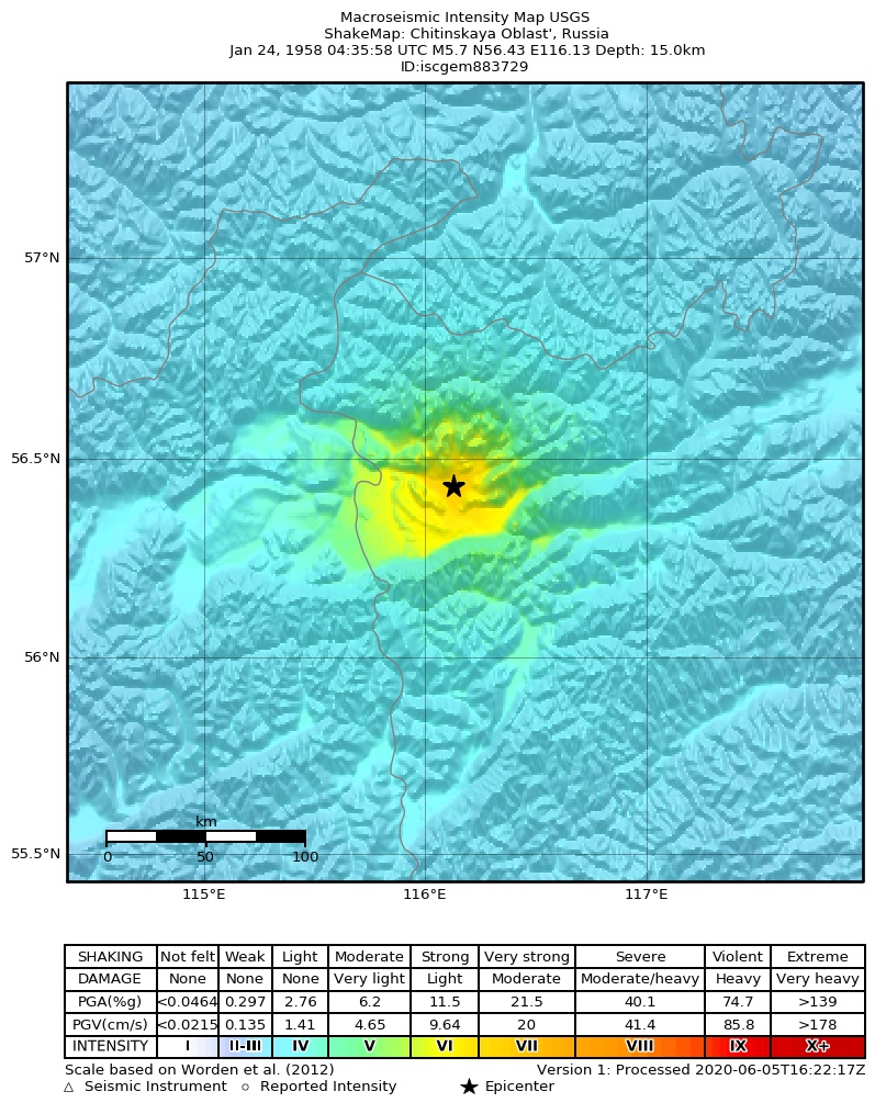 USGS ShakeMap: estimated shaking intensity around the epicenter