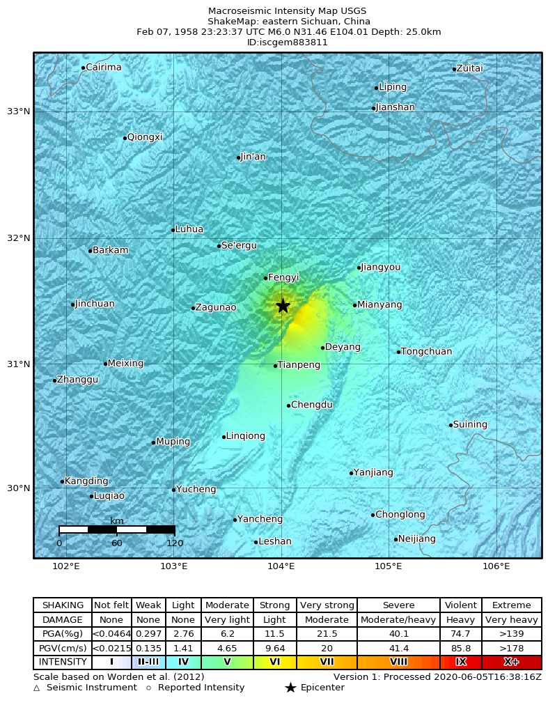 USGS ShakeMap: estimated shaking intensity around the epicenter