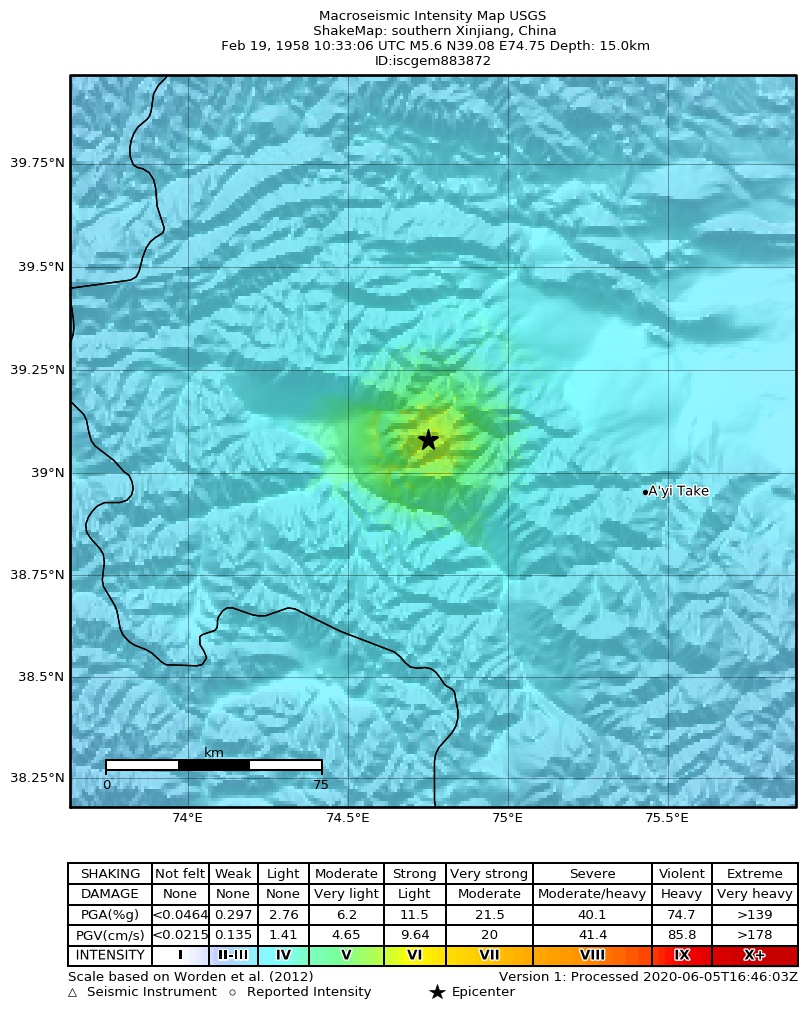 USGS ShakeMap: estimated shaking intensity around the epicenter