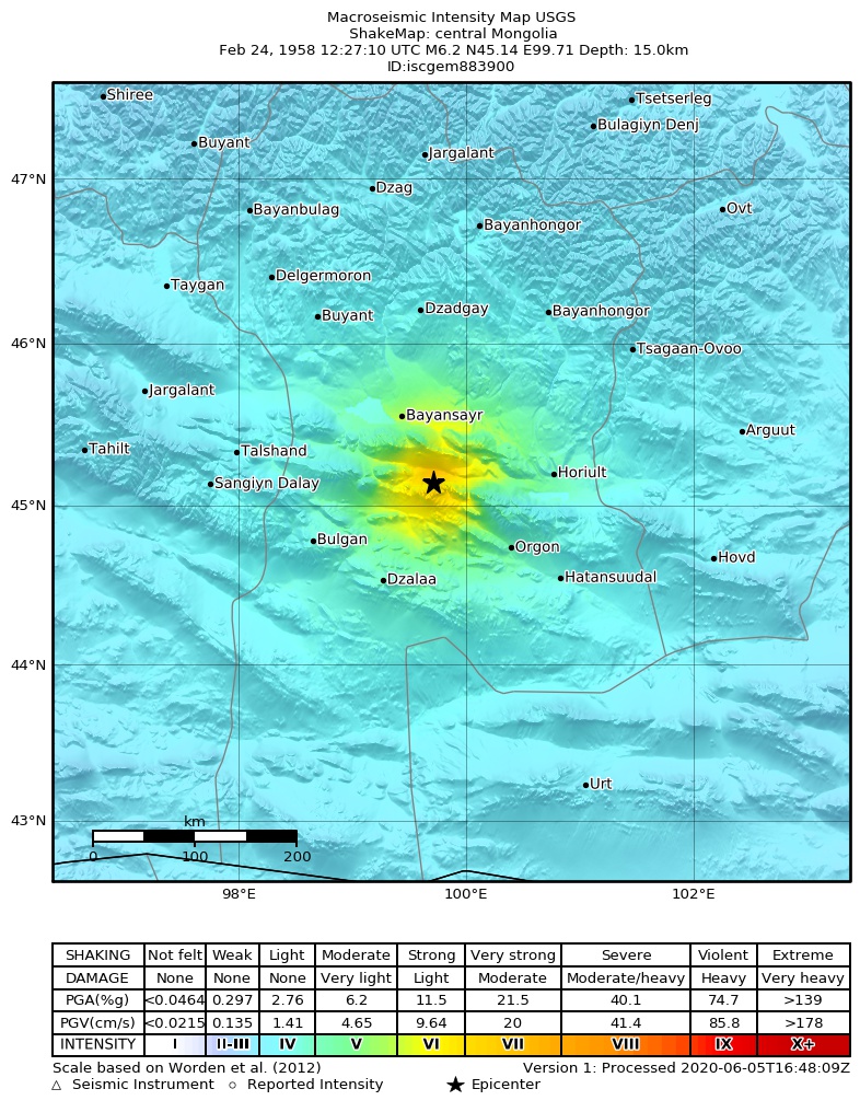 USGS ShakeMap: estimated shaking intensity around the epicenter