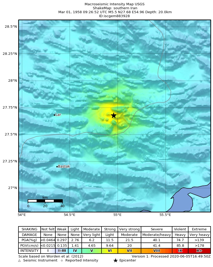 USGS ShakeMap: estimated shaking intensity around the epicenter